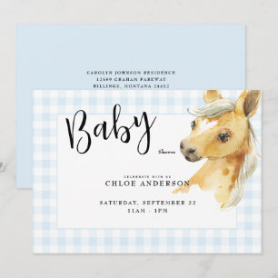 Blue Gingham Pony Baby Shower Einladung