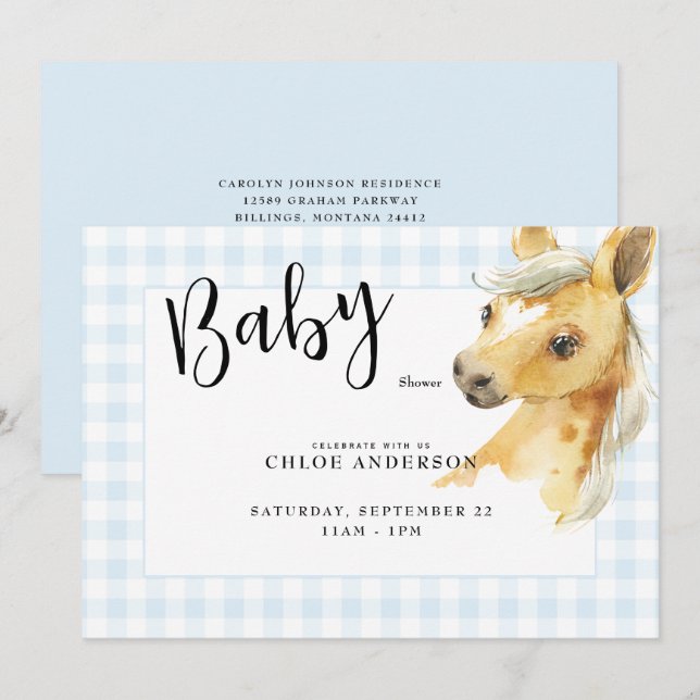 Blue Gingham Pony Baby Shower Einladung (Vorne/Hinten)