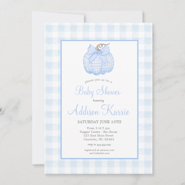 Blue Gingham Pumpkin Baby Shower Einladung (Vorderseite)