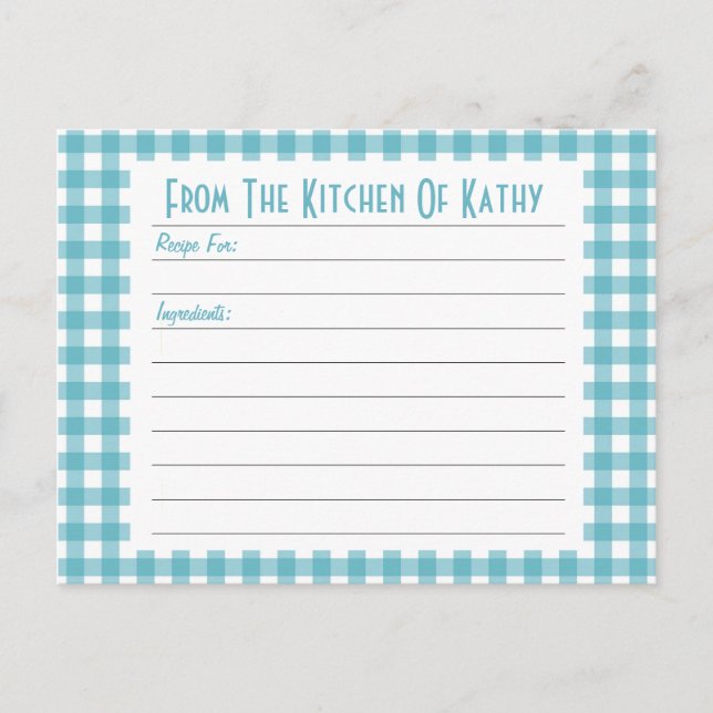 Blue Gingham Recipe Card Postkarte (Vorderseite)