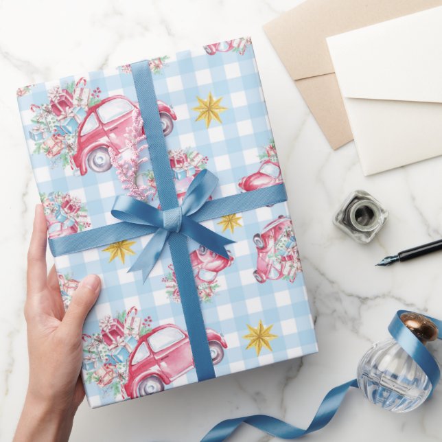 Blue Gingham Red Christmas Vintage Cars Geschenkpapier (Schenken)