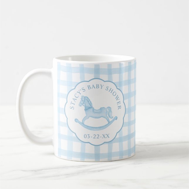 Blue Gingham Rocking Horse Baby Dusche Tasse Kaffe (Links)