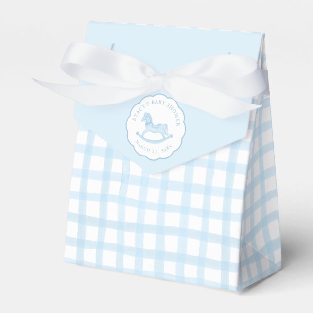 Blue Gingham Rocking Horse Baby Favor Bag Geschenkschachtel (Vorderseite)