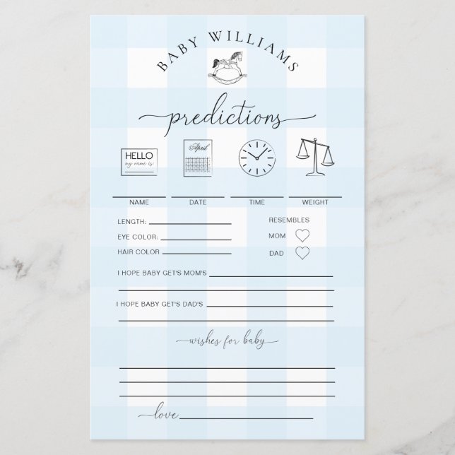 Blue Gingham Rocking Horse Baby Predictions Game (Vorderseite)