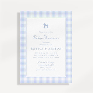 Blue Gingham, Rocking Horse, Baby Shower Invite Ankündigung