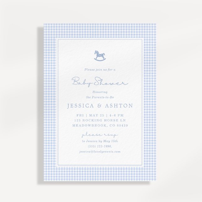 Blue Gingham, Rocking Horse, Baby Shower Invite Ankündigung (Von Creator hochgeladen)