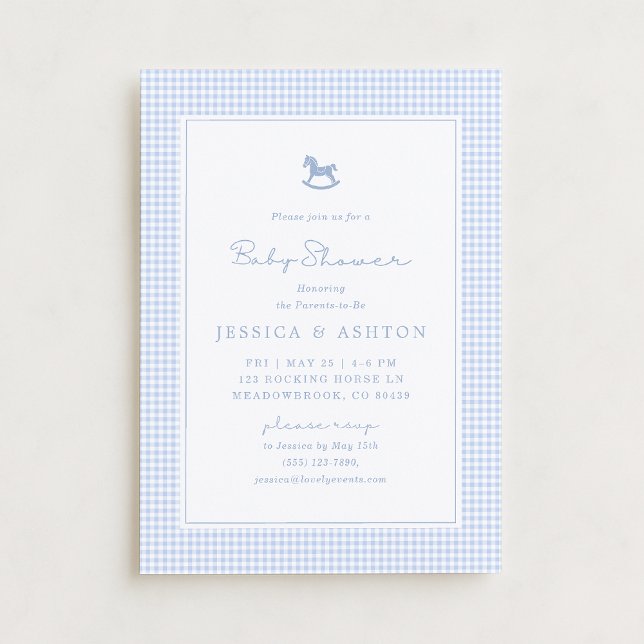 Blue Gingham, Rocking Horse, Baby Shower Invite Ankündigung (Von Creator hochgeladen)
