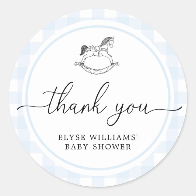 Blue Gingham Rocking Horse Shower Favor Sticker (Vorderseite)