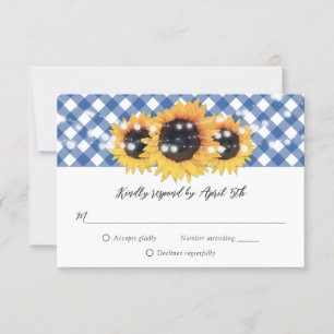 Blue Gingham Rustic Sunflower Wedding RSVP Karte