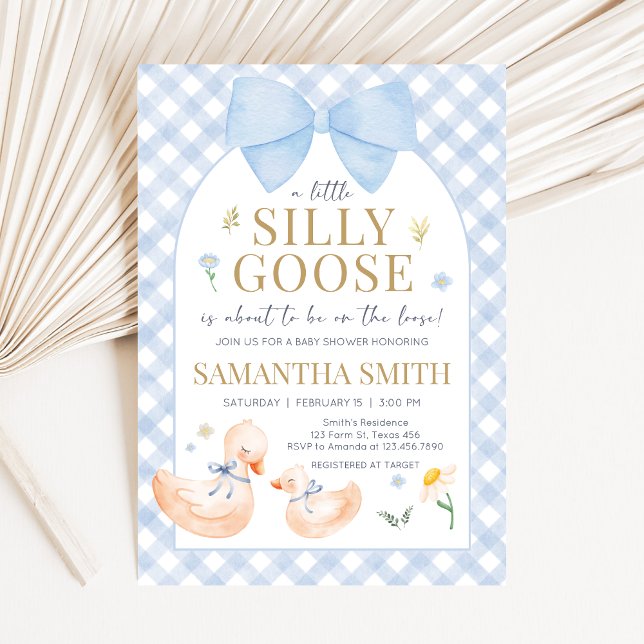 Blue Gingham Silly Goose Baby Shower Einladung (Little Silly Goose Baby Shower Invitation)