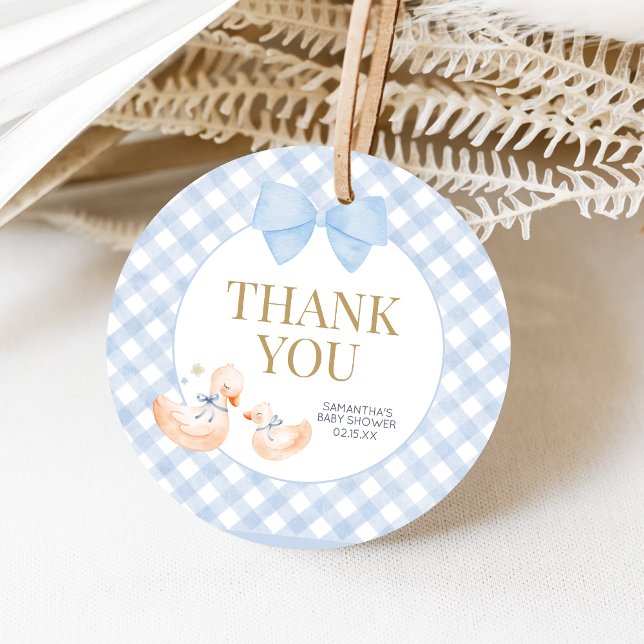 Blue Gingham Silly Goose Baby Shower Geschenkanhänger (Little Silly Goose Baby Shower Favor Tags)