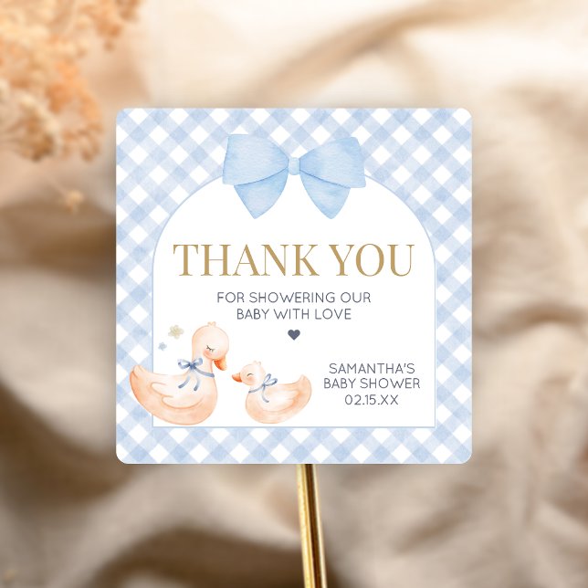 Blue Gingham Silly Goose Baby Shower Quadratischer Aufkleber (Little Silly Goose Baby Shower Sticker)