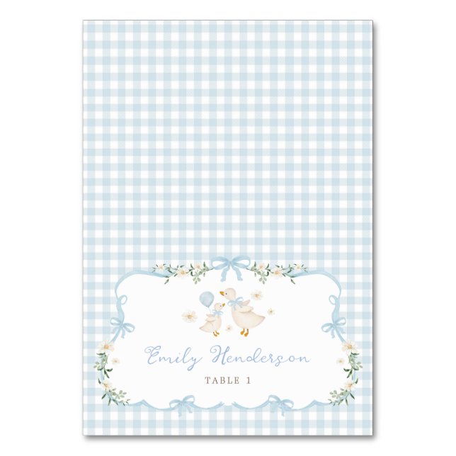 Blue Gingham Silly Goose Table Place Cards Tischnummer (Vorderseite)