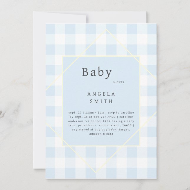 Blue Gingham Simple Baby Dusche Einladung (Vorderseite)