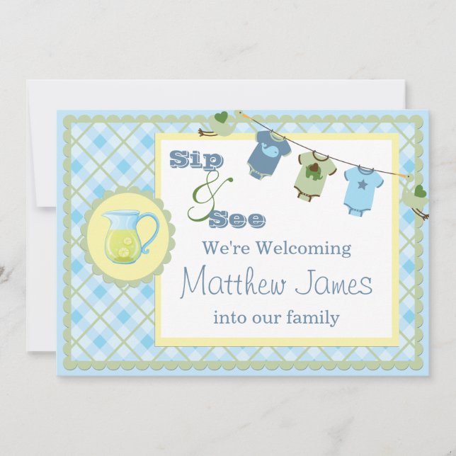 Blue Gingham Sip and See Bunting Baby Invasion Einladung (Vorderseite)