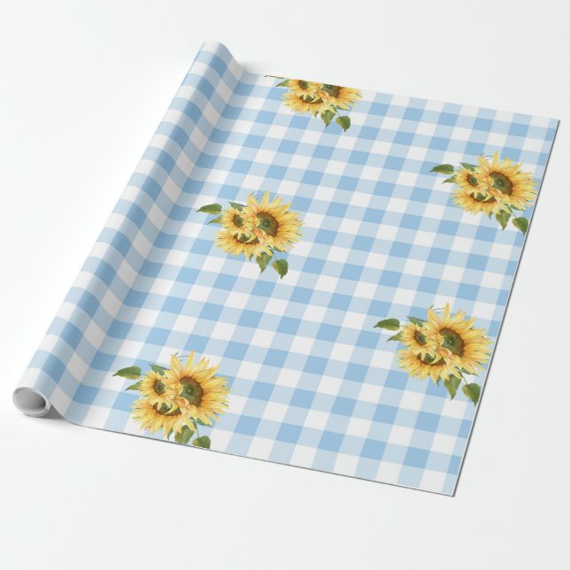 Blue Gingham Sunflower Baby Showpapier Geschenkpapier (Ungerollt)