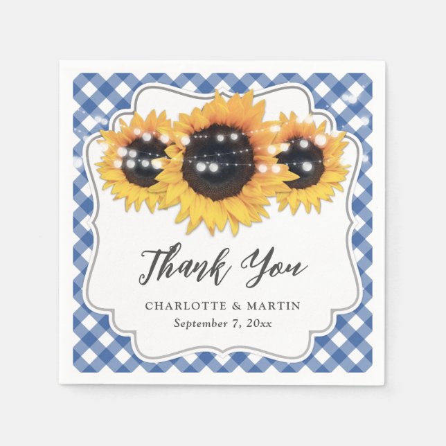 Blue Gingham Sunflower Bloral Wedding Serviette (Vorderseite)
