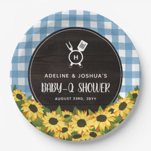 Blue Gingham & Sunflowers Rustic Baby-Q Dusche Pappteller