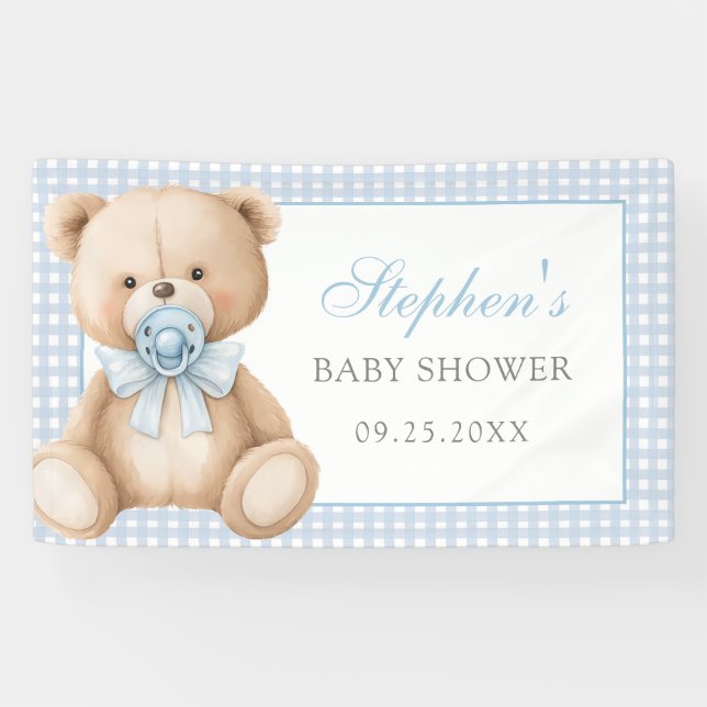 Blue Gingham Teddy Bear Baby Shower Banner (Horizontal)