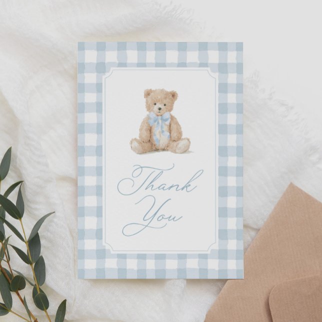 Blue Gingham Teddy Bear Baby Shower Dankeskarte (Von Creator hochgeladen)