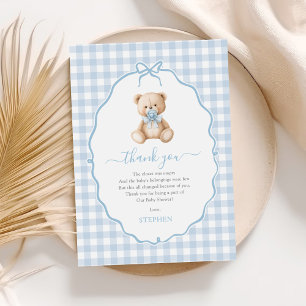 Blue Gingham Teddy Bear Baby Shower Dankeskarte