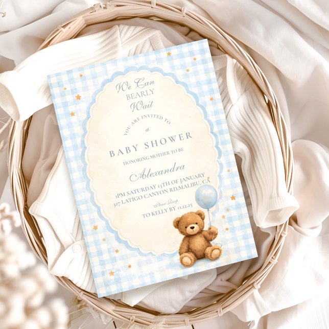 Blue Gingham Teddy Bear Baby Shower Einladung (Von Creator hochgeladen)
