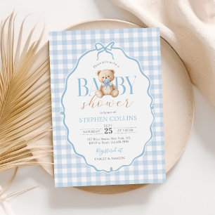 Blue Gingham Teddy Bear Baby Shower Einladung