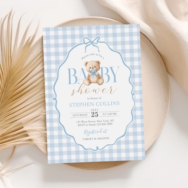 Blue Gingham Teddy Bear Baby Shower Einladung (Von Creator hochgeladen)