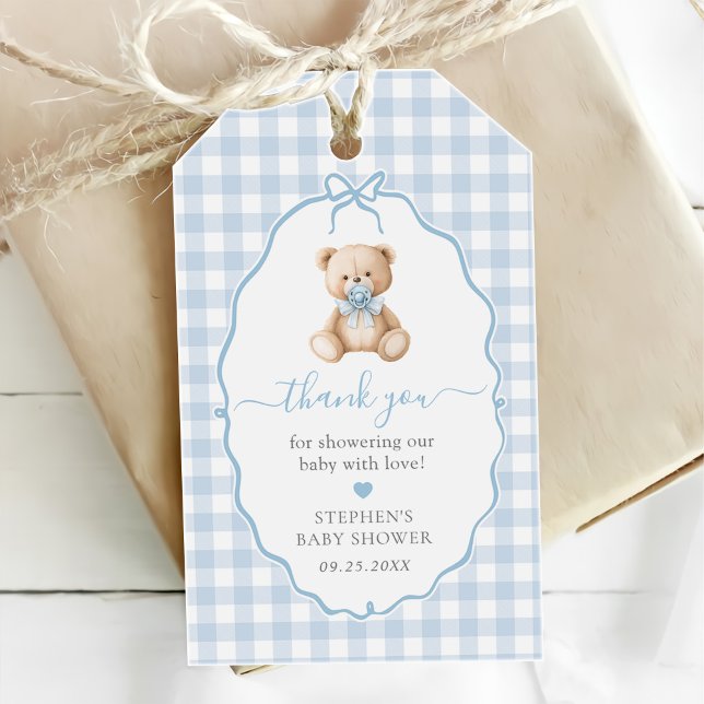 Blue Gingham Teddy Bear Baby Shower Geschenkanhänger (Von Creator hochgeladen)
