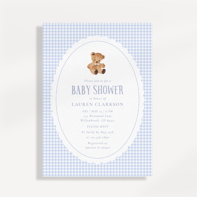 Blue Gingham Teddy Bear Baby Shower Invitation Ankündigung (Von Creator hochgeladen)