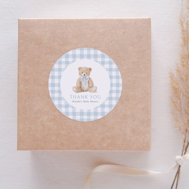Blue Gingham Teddy Bear Baby Shower Runder Aufkleber (Von Creator hochgeladen)