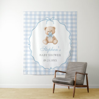 Blue Gingham Teddy Bear Baby Shower Wandteppich