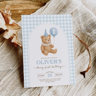 Blue Gingham Teddy Bear Balloon Boy 1. Geburtstag Einladung