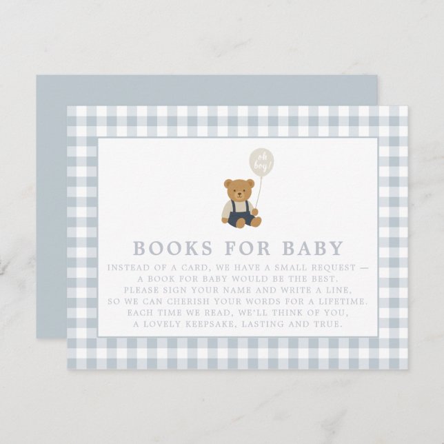 Blue Gingham Teddy Bear Books for baby card Einladung (Vorne/Hinten)