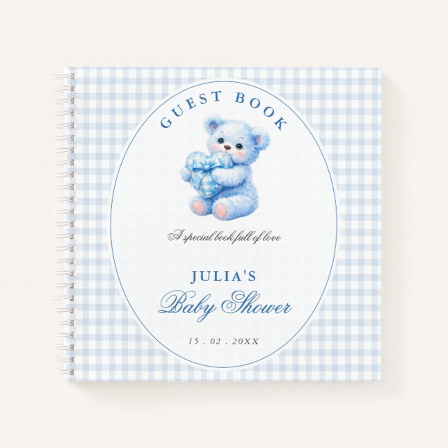 Blue Gingham Teddy Bear Neutral Baby Shower Notizbuch (Vorderseite)