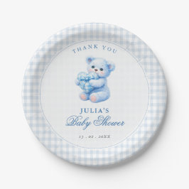 Blue Gingham Teddy Bear Neutral Baby Shower Pappteller