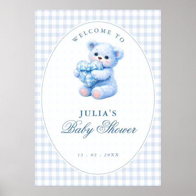 Blue Gingham Teddy Bear Neutral Baby Shower Poster (Vorne)