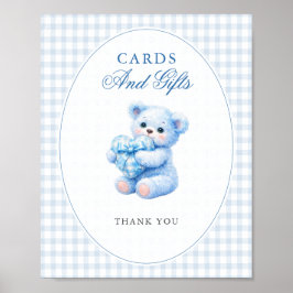 Blue Gingham Teddy Bear Neutral Baby Shower Poster