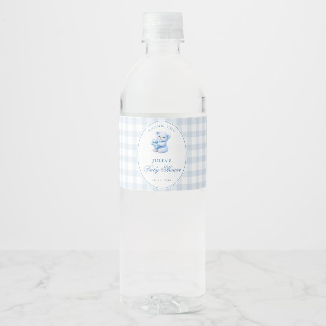 Blue Gingham Teddy Bear Neutral Baby Shower Wasserflaschenetikett (Vorderseite)