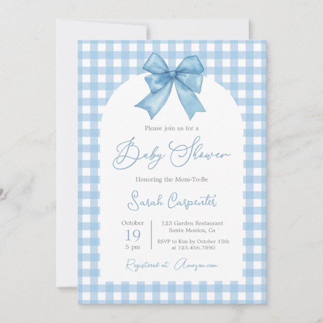 Blue Gingham und Bow Baby Shower Boy Einladung (Vorderseite)