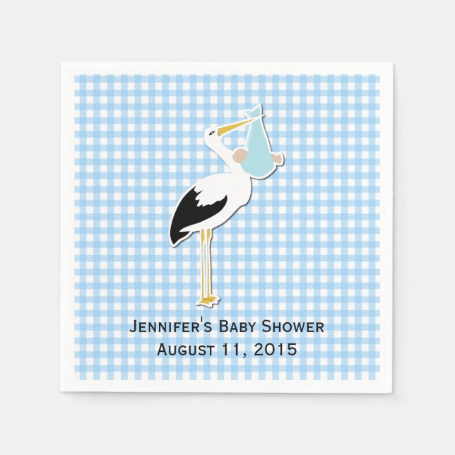 Blue Gingham und Stork Baby Showpapier Napkins Serviette (Vorderseite)