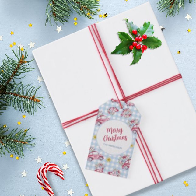 Blue Gingham Vintag Red Christmas Cars Geschenkanhänger (Von Creator hochgeladen)