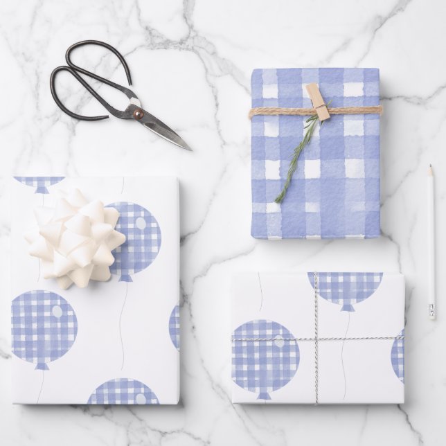 Blue Gingham Watercolor Ballon Wrapping Paper Geschenkpapier Set (Vorderseite)