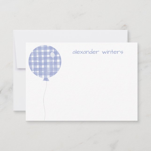 Blue Gingham Watercolor Balloon Mitteilungskarten (Vorderseite)
