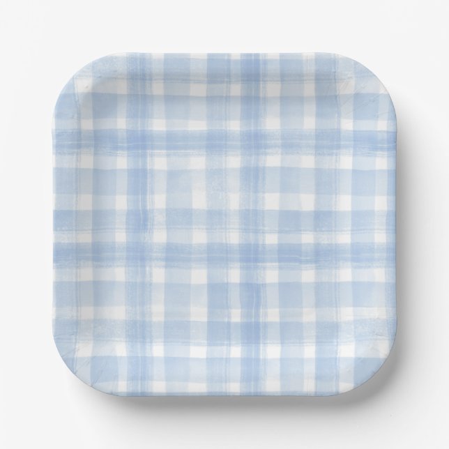 Blue Gingham Watercolor Paper Teller (Vorderseite)