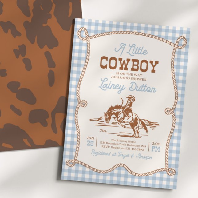 Blue Gingham Western Baby Shower Invitation Einladung (Von Creator hochgeladen)