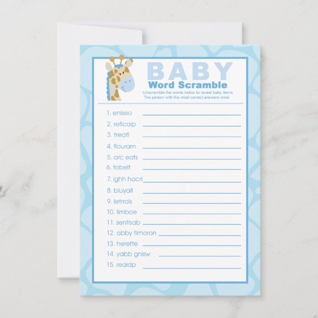 Blue Giraffe Baby Dusche Word Scramble Game (Vorderseite)