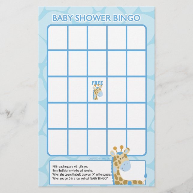 Blue Giraffe Baby Shower Bingo Game (Vorderseite)