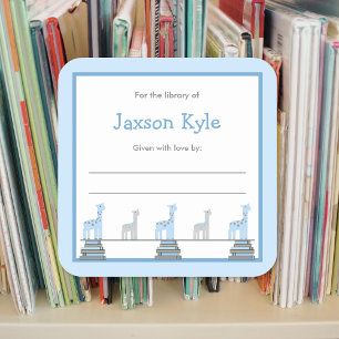 Blue Giraffe Boy Baby Dusche Buchzeichen Quadratischer Aufkleber