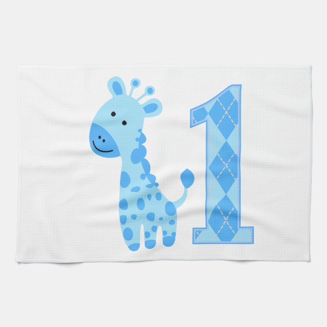 Blue Giraffe Erster Geburtstag Geschirrtuch (Horizontal)